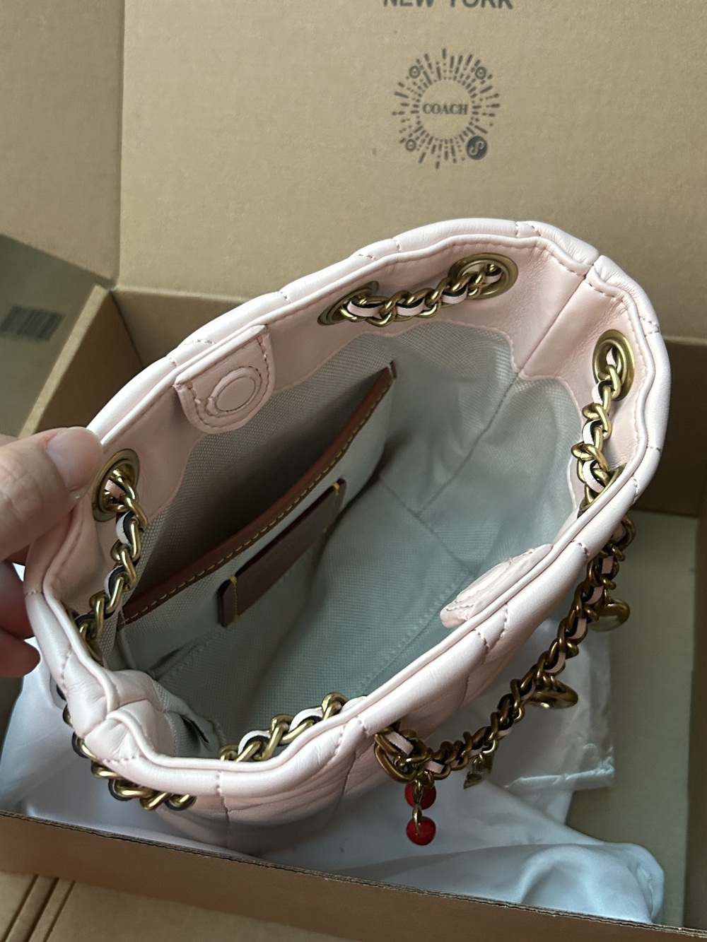 Coach Light Pink Quilted Leather Mini Bucket Bag With Cherry Charm - Picture 8 of 9
